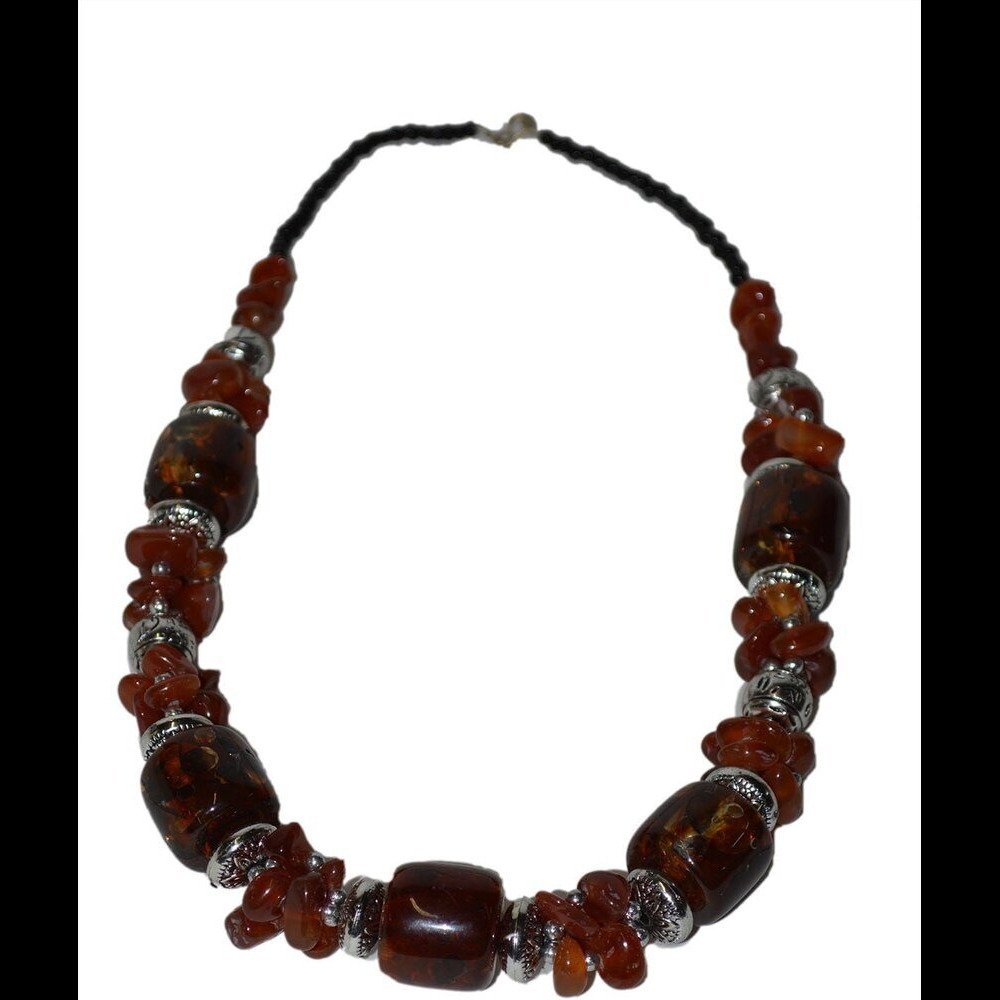 Moroccan Jewelry Berber Necklace Brown Glass & Silver Beads