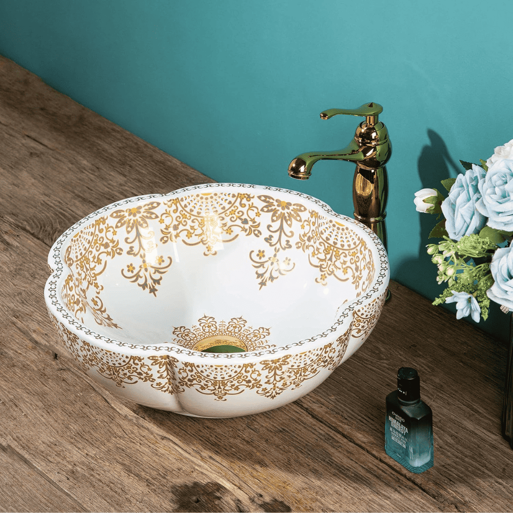 Flower Ceramic Sink – White & Gold Moroccan Basin
