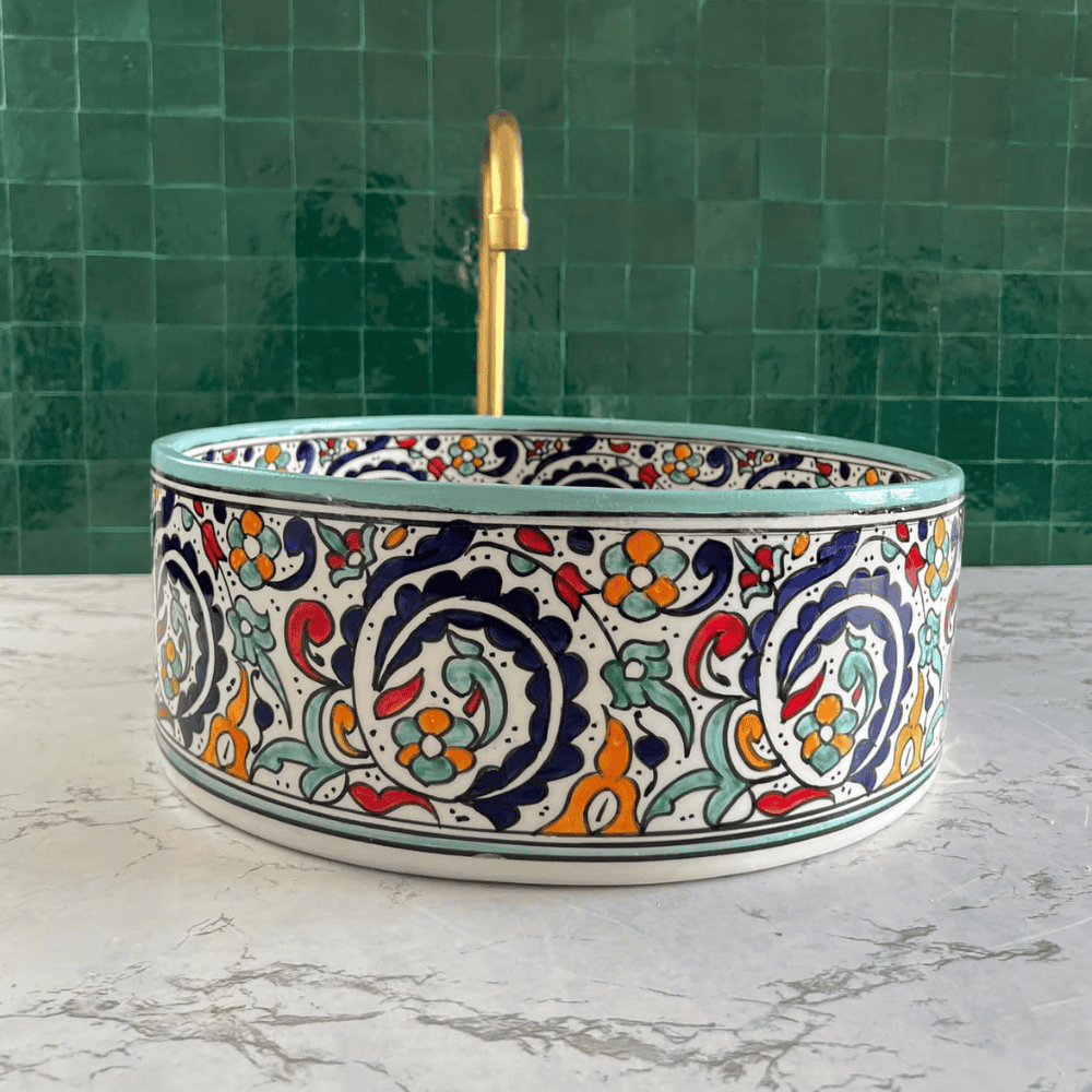 Handmade Moroccan Ceramic Floral Countertop Vessel Sink - Image 3