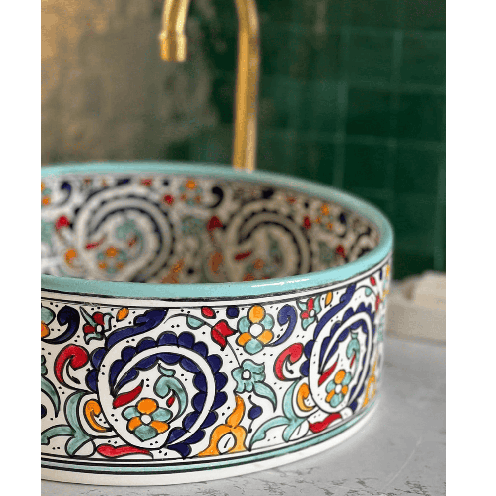 Handmade Moroccan Ceramic Floral Countertop Vessel Sink - Image 4