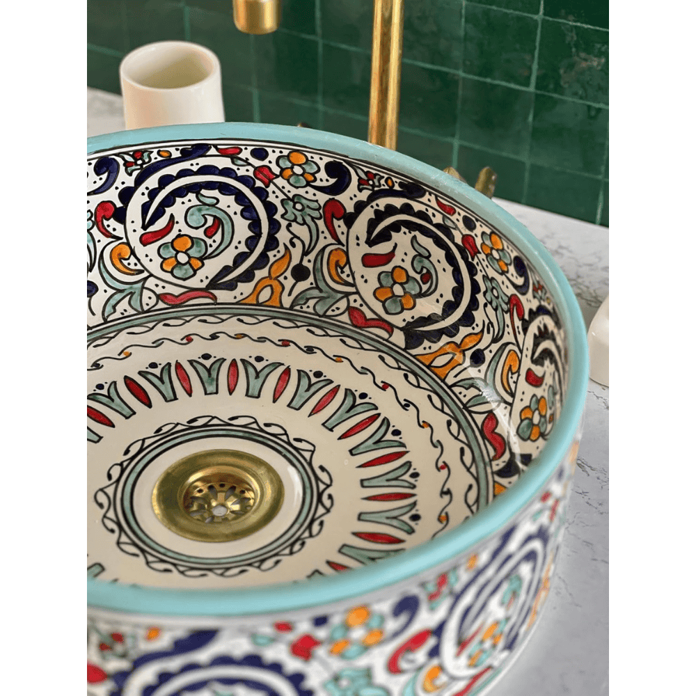 Handmade Moroccan Ceramic Floral Countertop Vessel Sink - Image 5