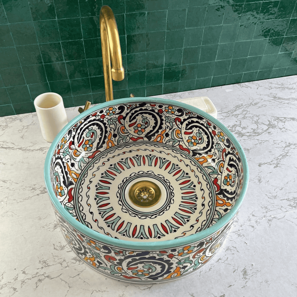 Handmade Moroccan Ceramic Floral Countertop Vessel Sink