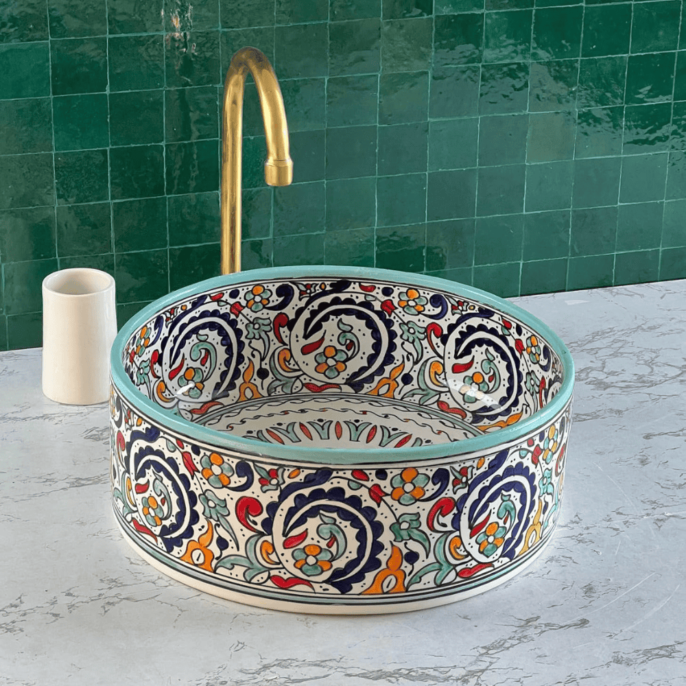 Handmade Moroccan Ceramic Floral Countertop Vessel Sink - Image 6