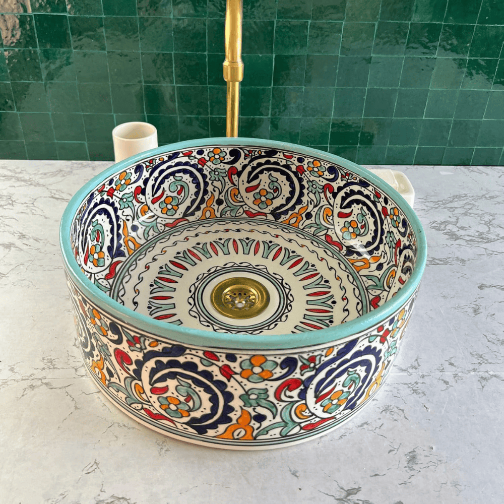 Handmade Moroccan Ceramic Floral Countertop Vessel Sink - Image 7