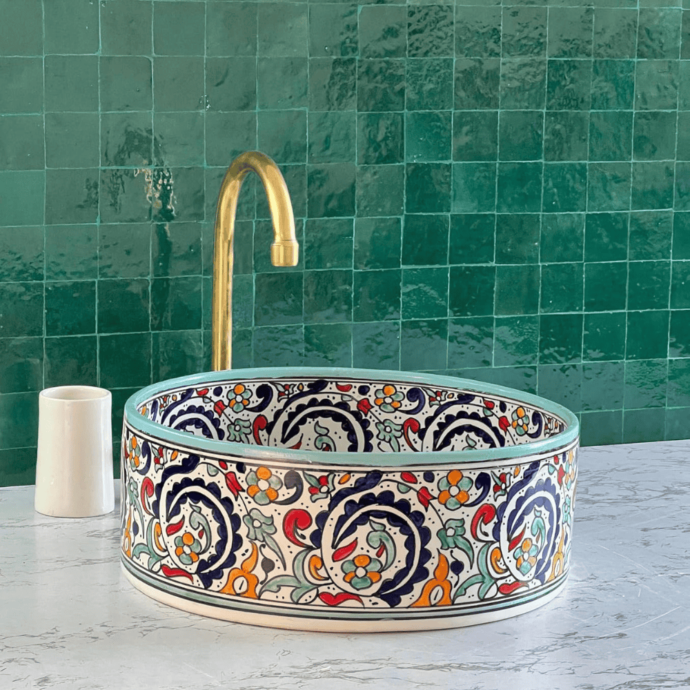 Handmade Moroccan Ceramic Floral Countertop Vessel Sink - Image 8