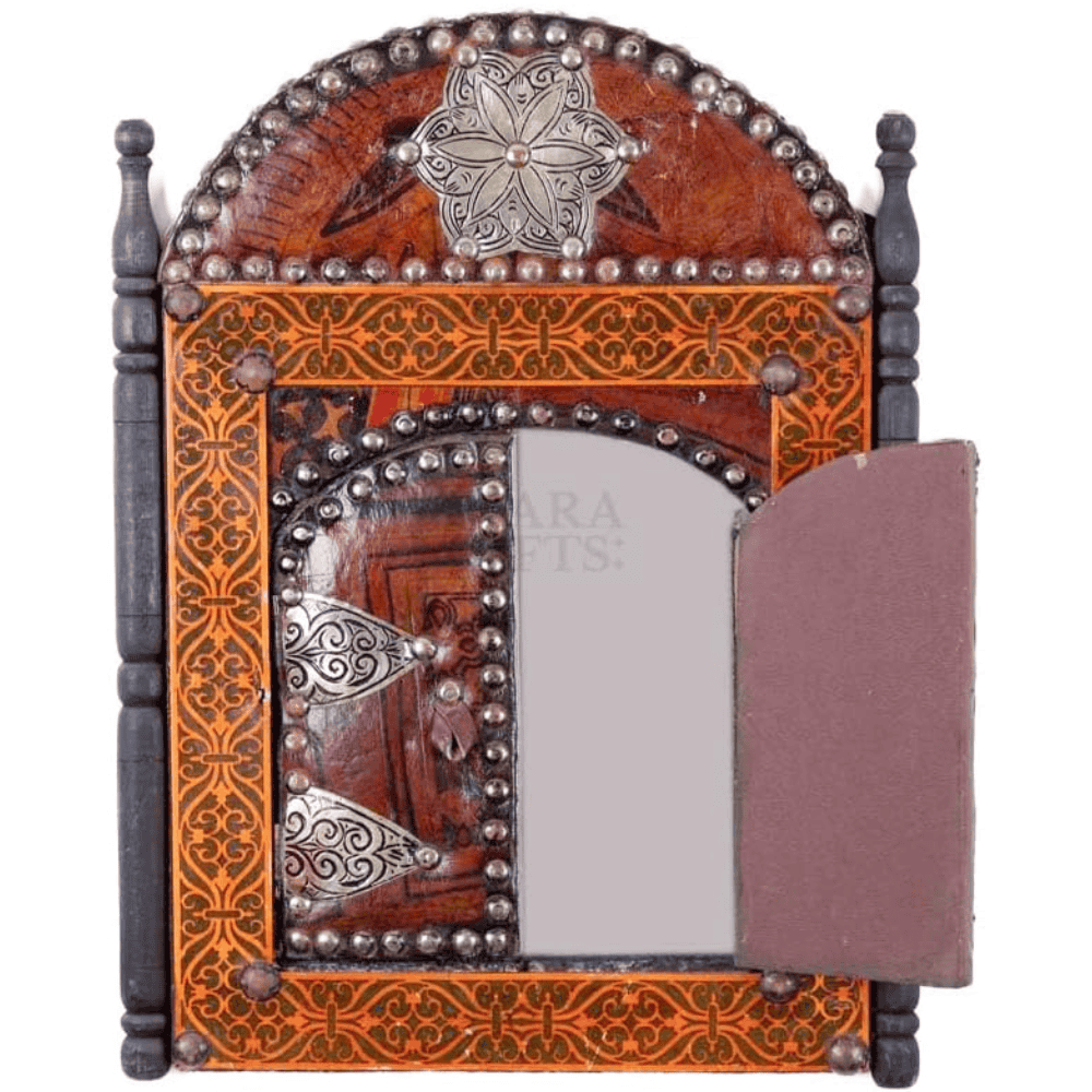 Handmade Moroccan Leather Mirror | Rustic Arched Wall Decor