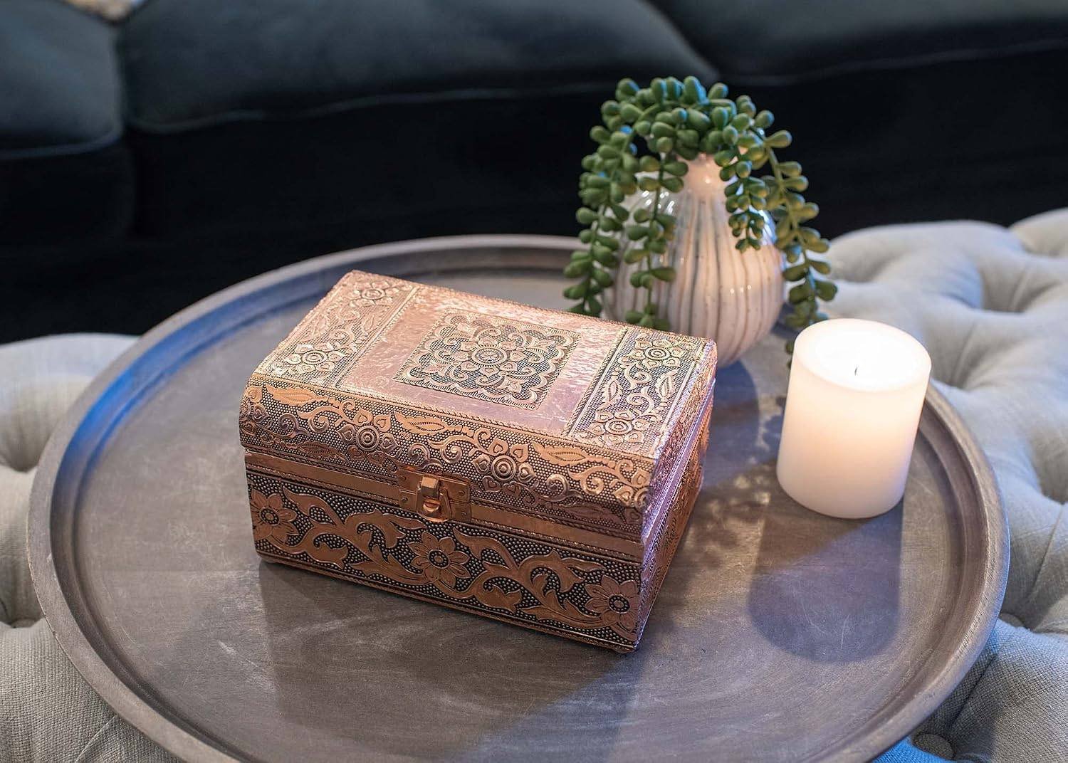 Moroccan Copper Tone Keepsake Box Stamped Metal Jewelry Box