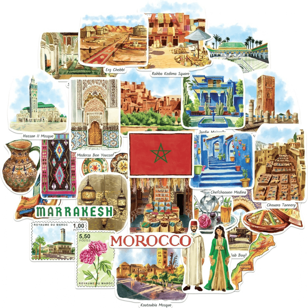 Morocco Travel Stickers 28pc | Moroccan Souvenir Sticker Set