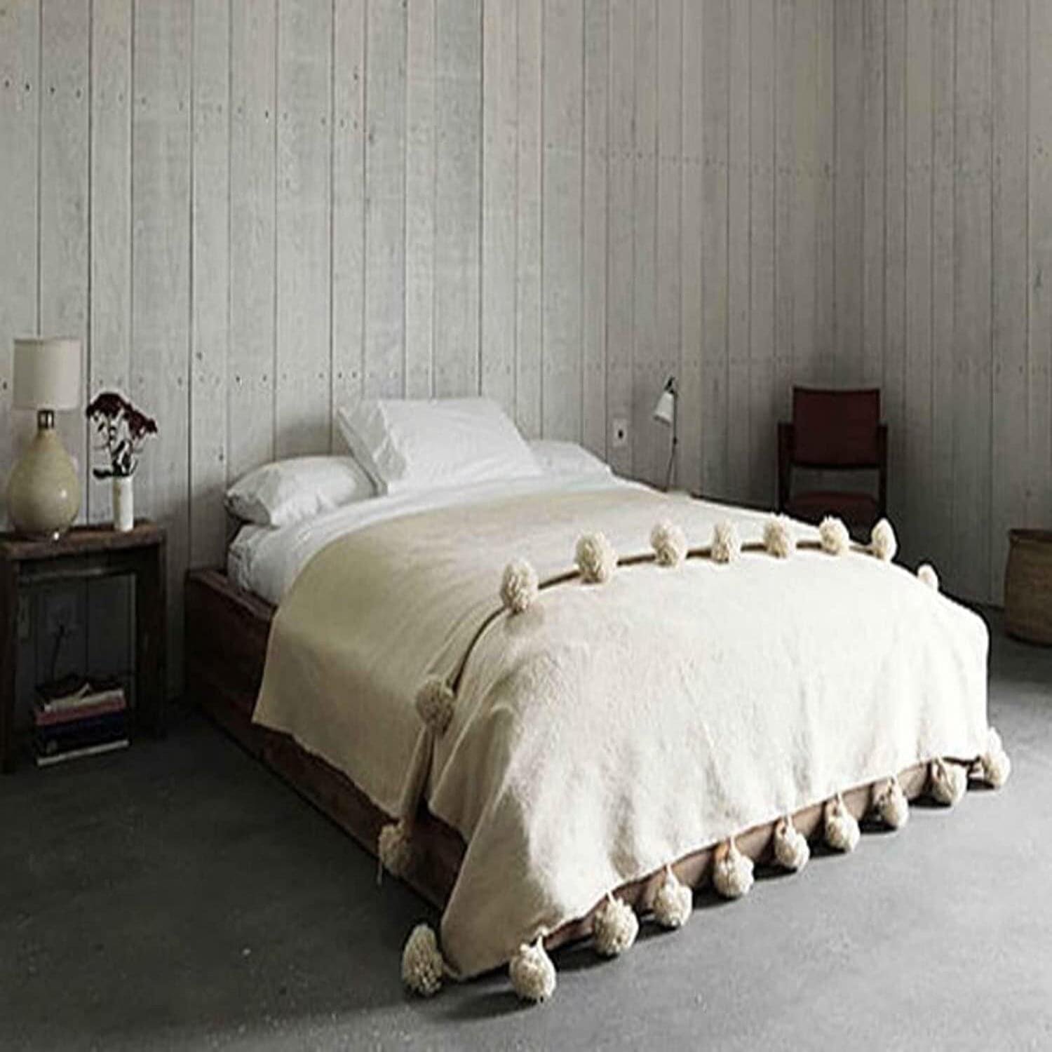 Handwoven Cotton Moroccan Blanket Pom Pom Throw with Tassels - Image 2