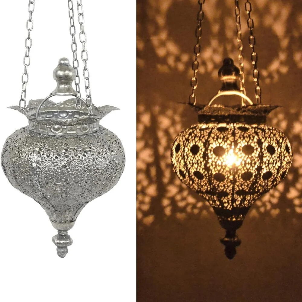 Small Antique Silver Moroccan Lantern Metal Hanging Light