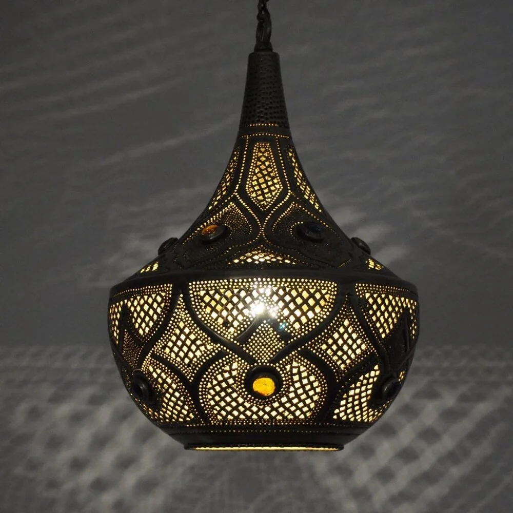 Moroccan Jeweled Hand-Crafted Hanging Lamp, Wire, 2 Ft Chain