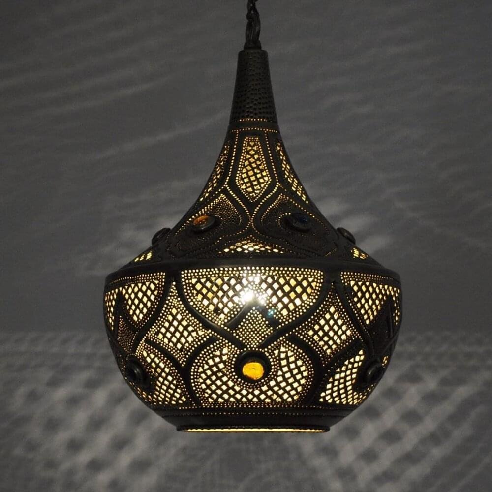 Moroccan Jeweled Hand-Crafted Hanging Lamp, Wire, 2 Ft Chain