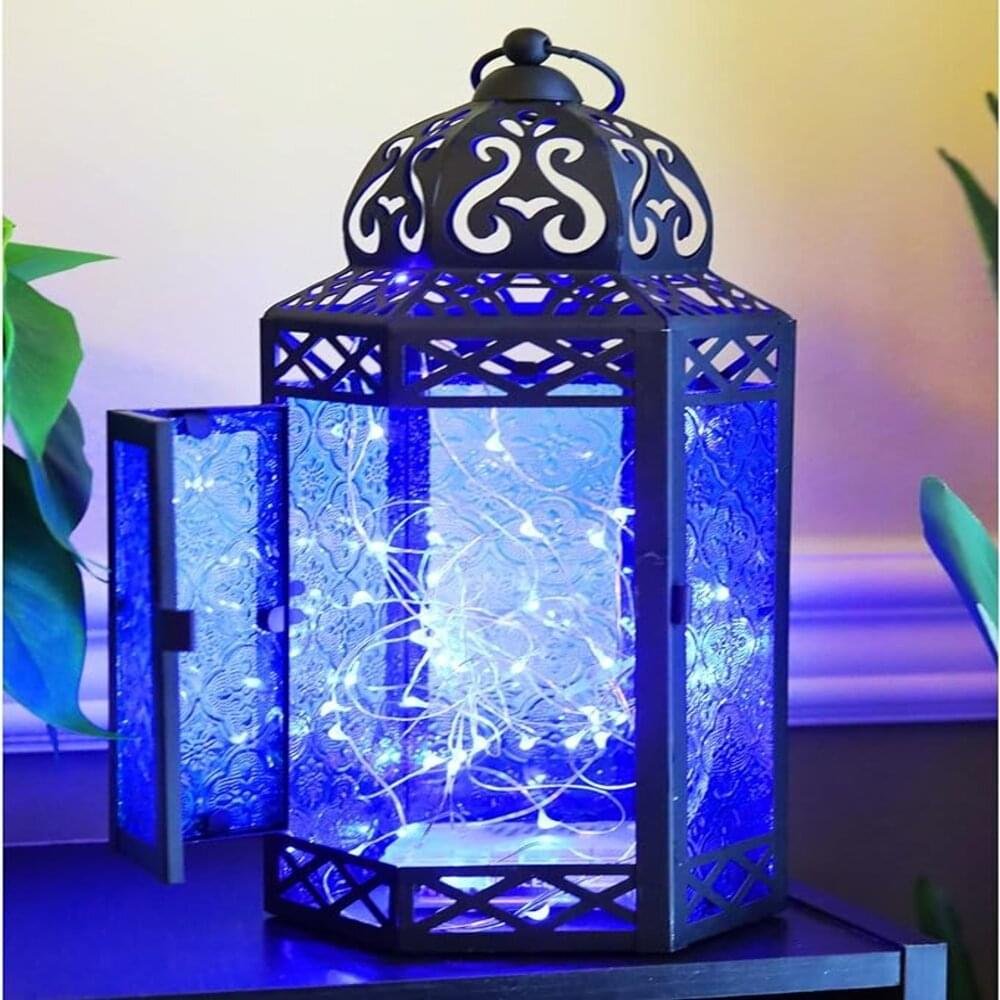 Black Metal Moroccan LED Fairy Lights Candle Lantern Holders
