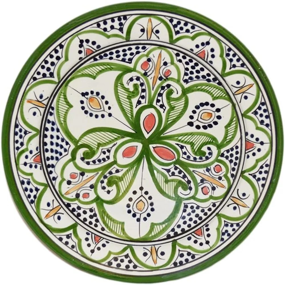8" Ceramic Round Green Plate Moroccan Handmade & painted