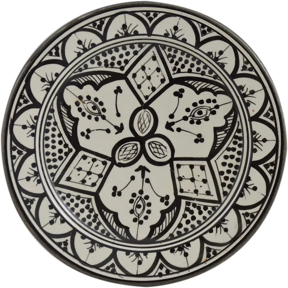 8" white & black Round Ceramic Plates Moroccan Handmade