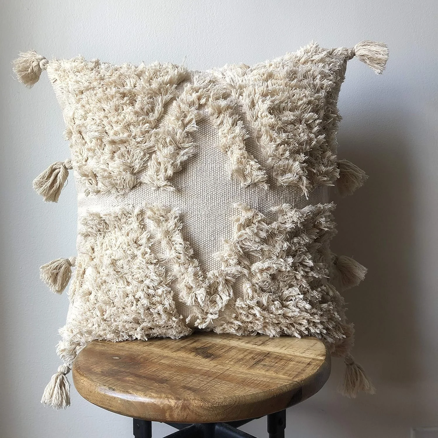 Handmade Moroccan Pillow Cover in Cream Cotton with Tassel