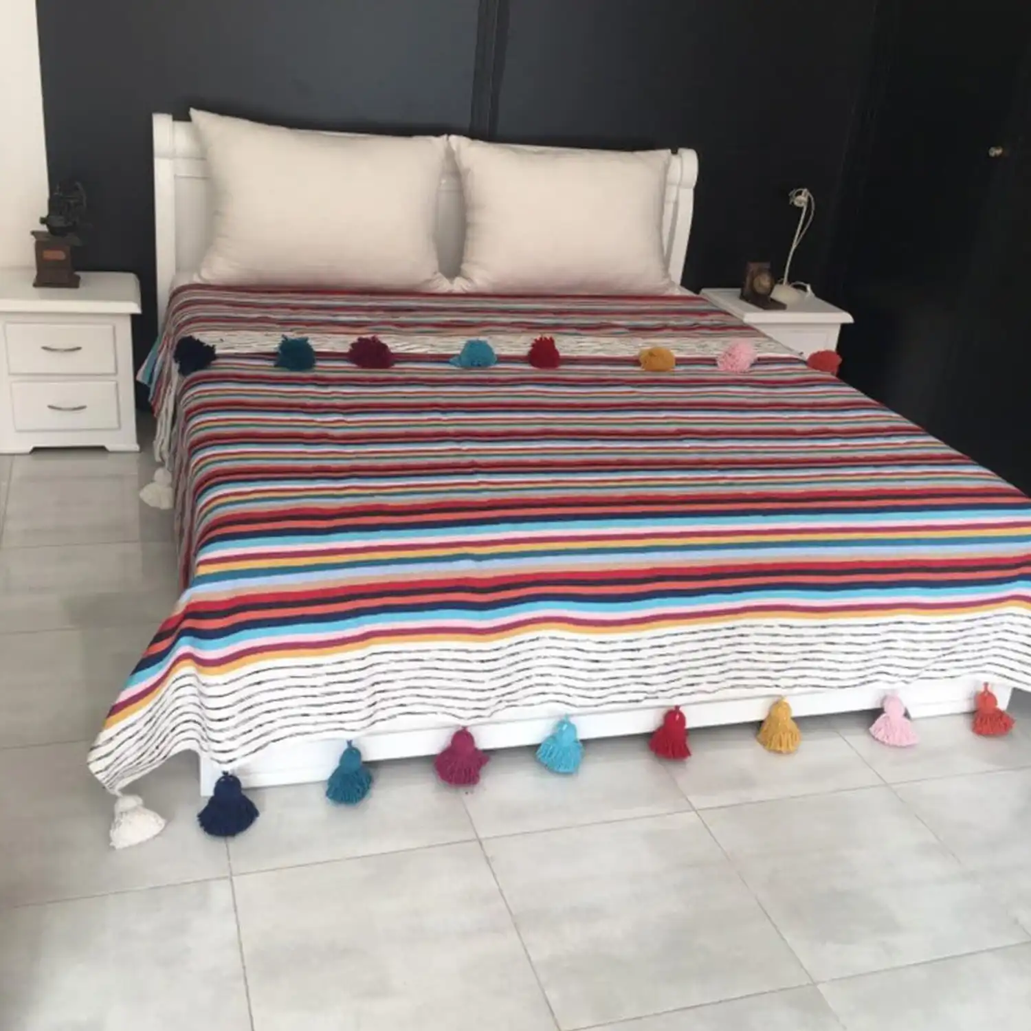 Moroccan Pom Pom Throw Blanket, Tassels, Hand Woven Cotton - Image 4