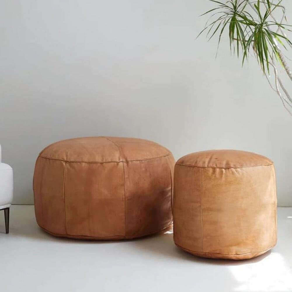 Tan Beni Ourain Leather Round Pouf, Handmade, Unstuffed.