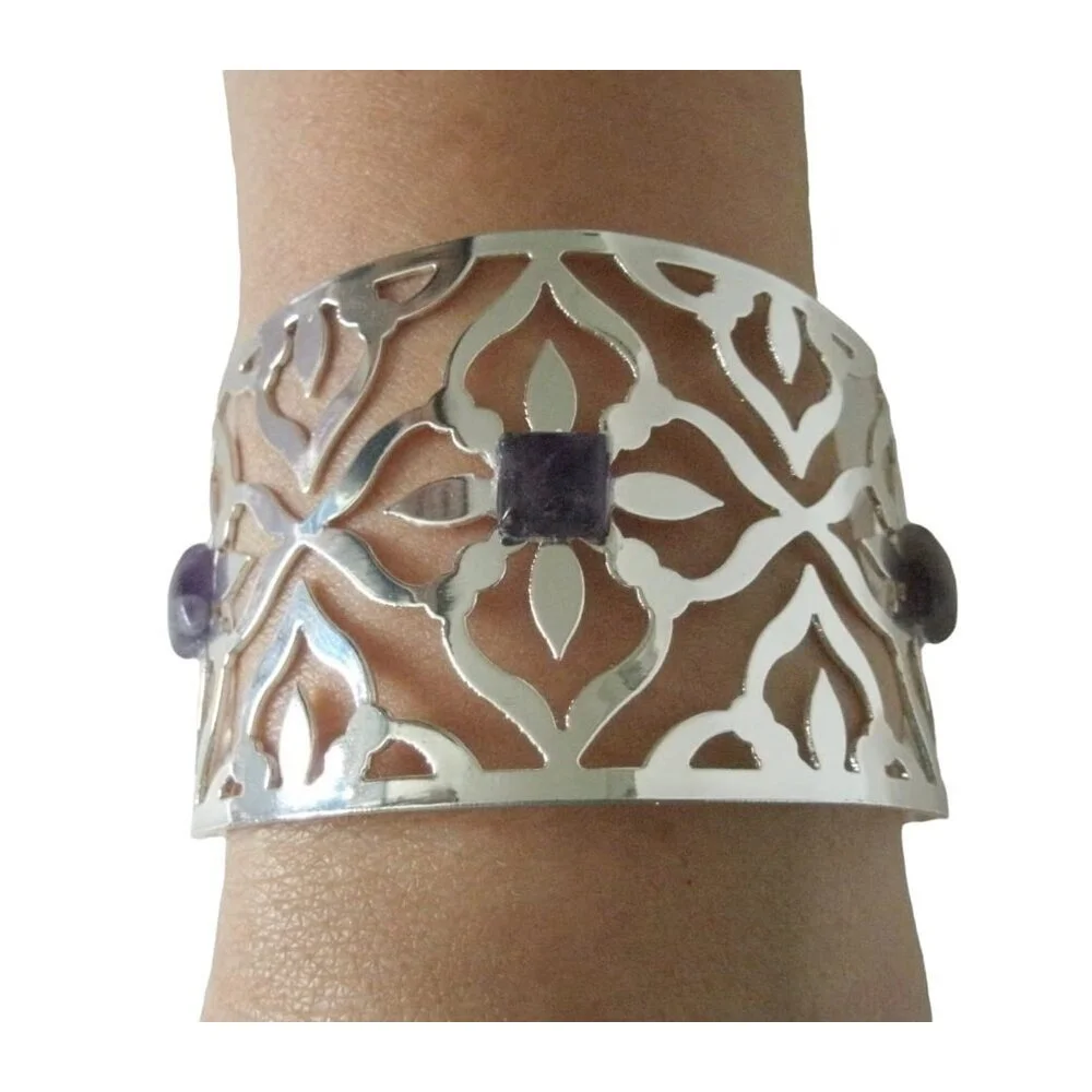 Moroccan Amethyst Steel Cuff Bracelet, handmade jewelry