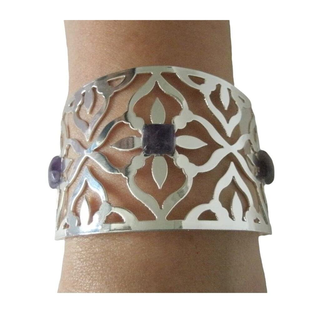 Moroccan Amethyst Steel Cuff Bracelet, handmade jewelry