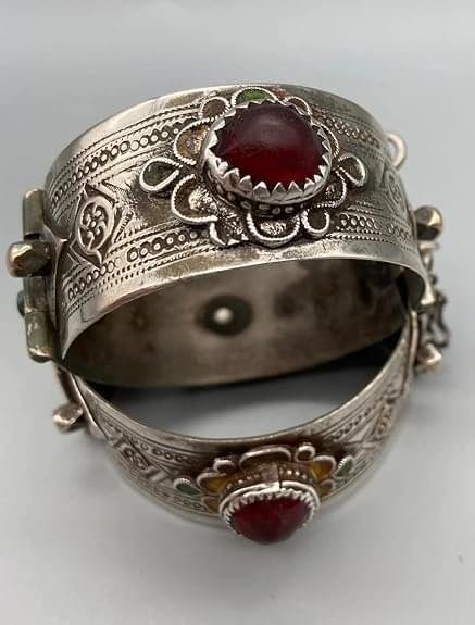 Moroccan Silver Berber Cuff Bracelet - Red Cabochon Enamel - Image 4