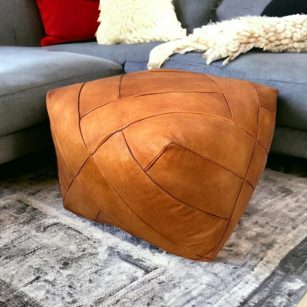 Moroccan Square Genuine Leather pouf, Footstool, Unstuffed