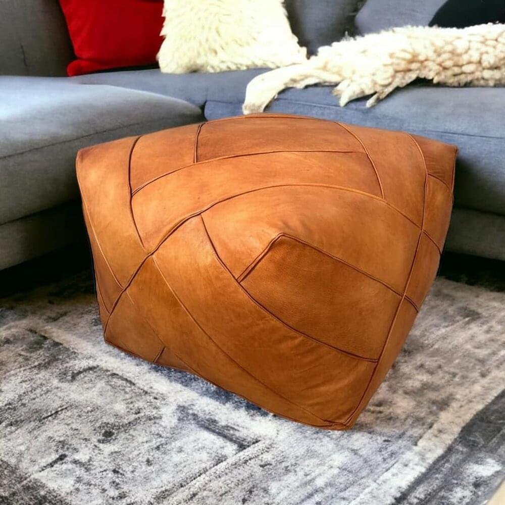 Moroccan Square Genuine Leather pouf, Footstool, Unstuffed