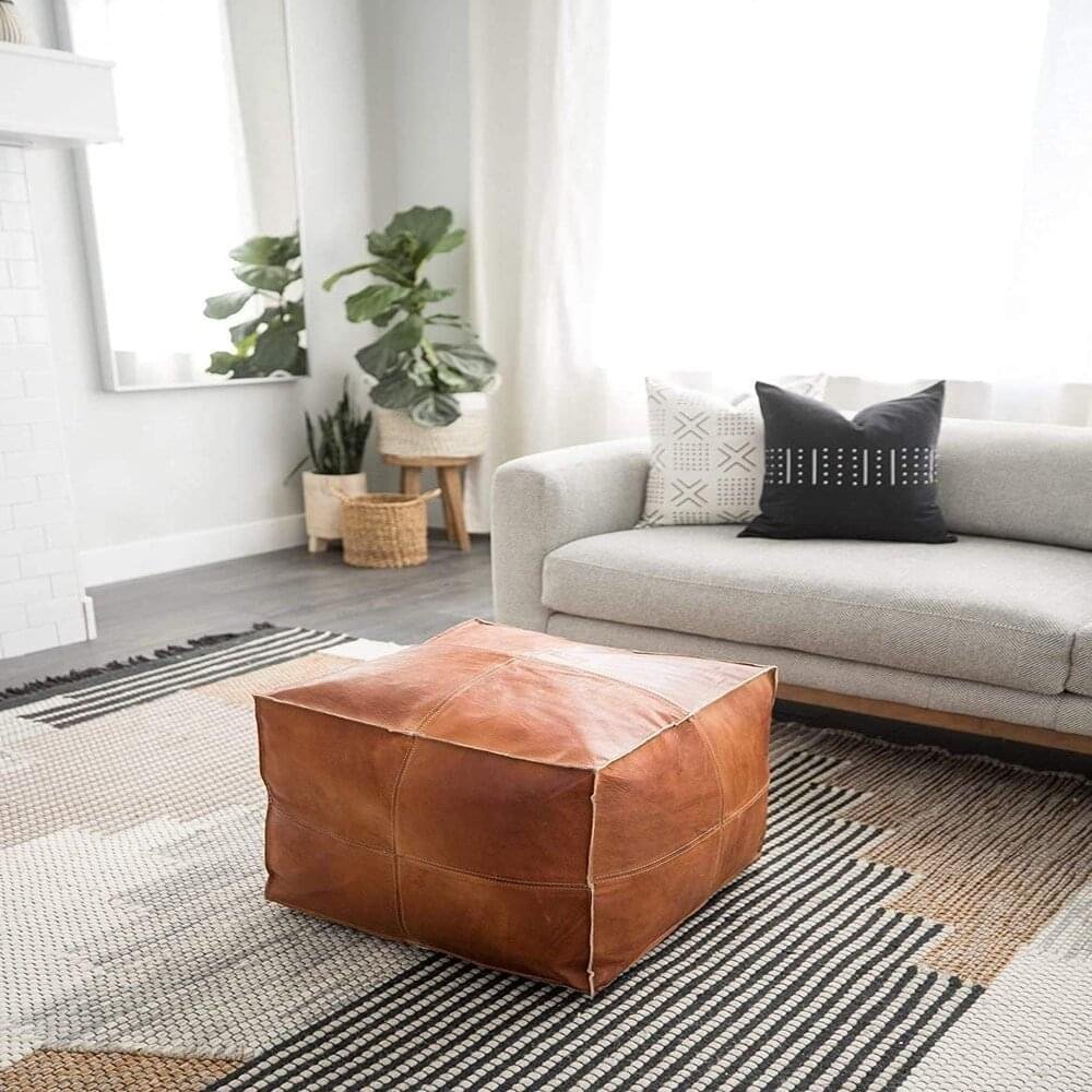 Large Brown Square Ottoman Moroccan Leather Pouf Unstuffed