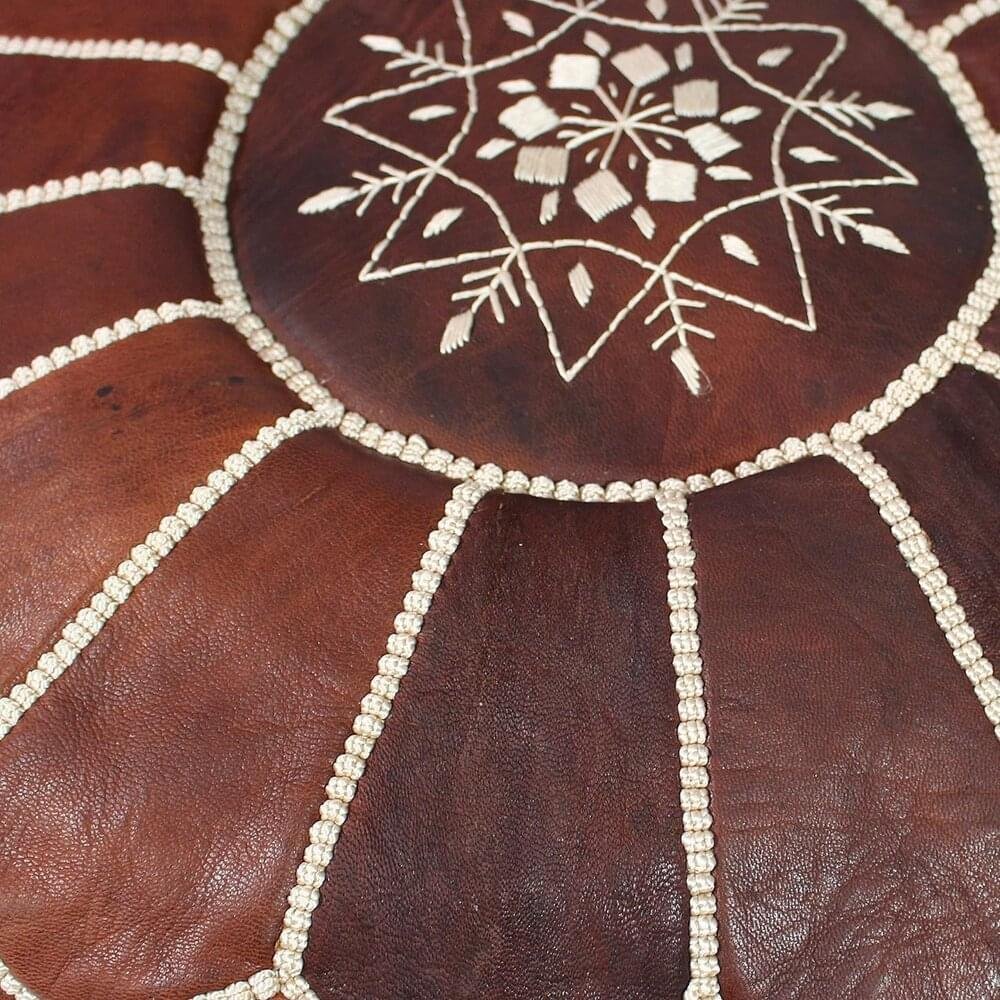 Moroccan Dark Brown Round Leather Pouf - Handmade, unstuffed - Image 2