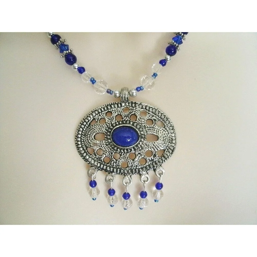 Necklace Blue glass beads handmade jewelry bohemian moroccan