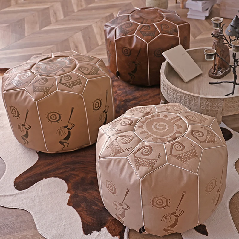 Bohemian Moroccan Leather Pouf Handmade Footstool, Unstuffed - Image 5