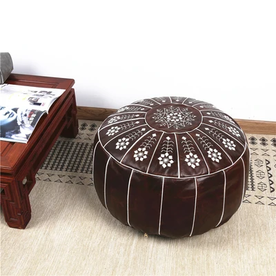 Leather Handmade Moroccan Round Pouf Without Core Removable - Image 4