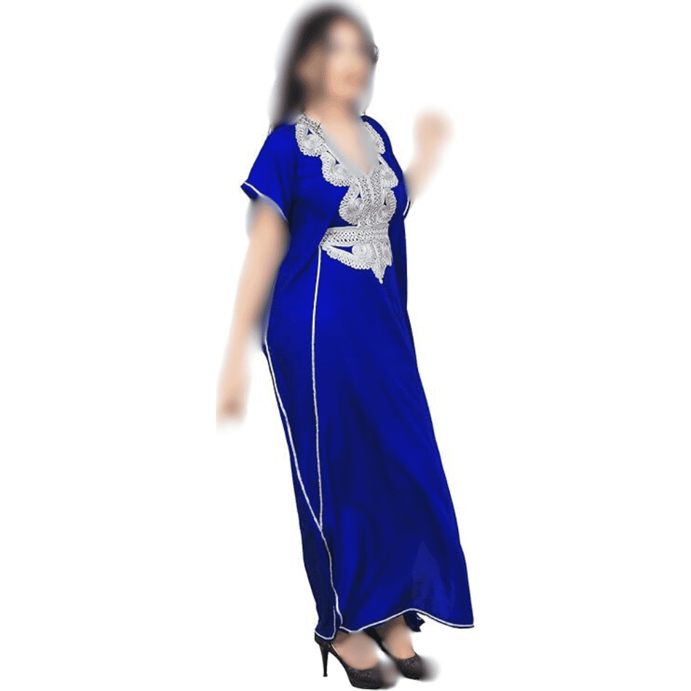 Moroccan Caftan Handmade Embroidery, Soft Blue, Fiber cotton