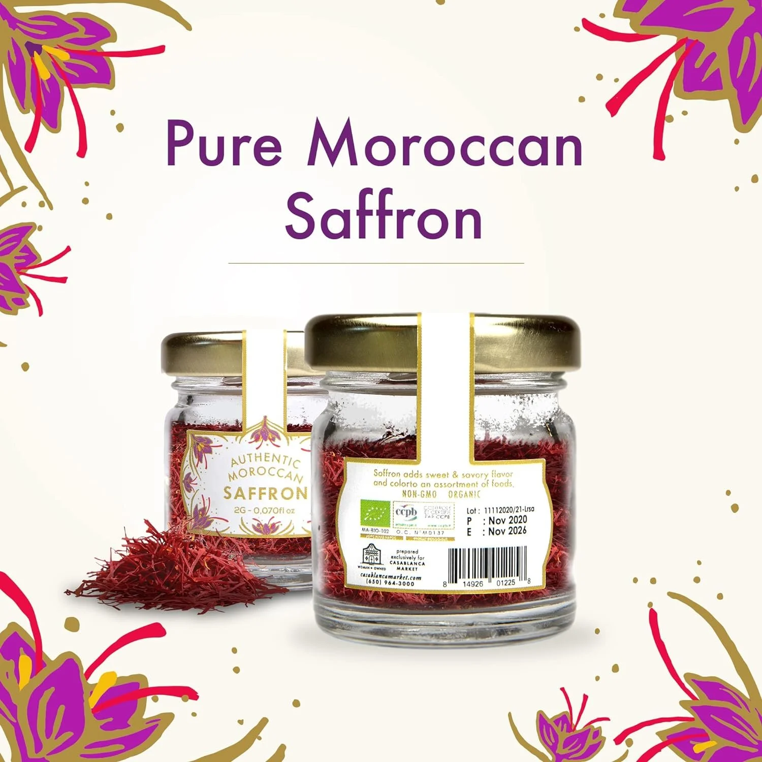 2G Pure Organic Moroccan Saffron Threads, Crocus, Non-gmo