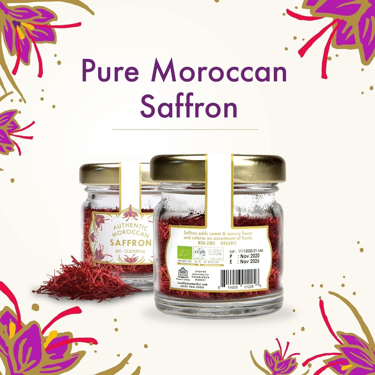 2G Pure Organic Moroccan Saffron Threads, Crocus, Non-gmo