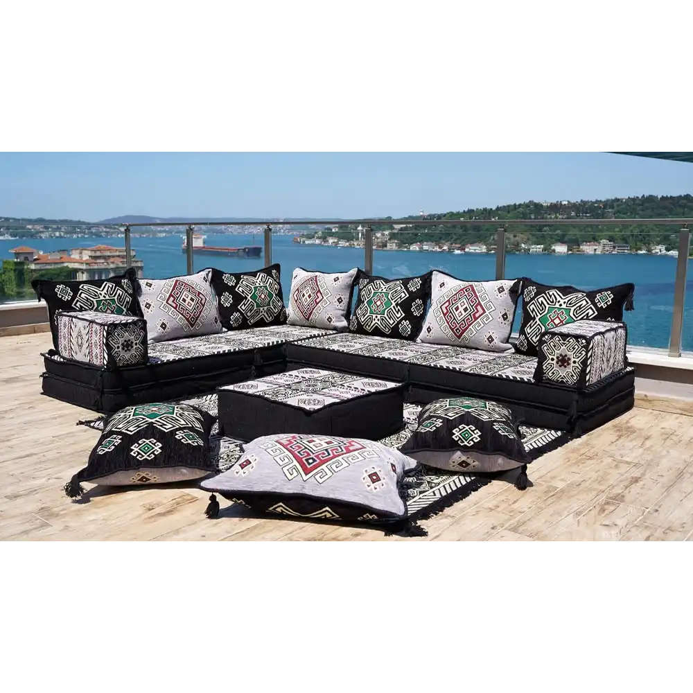 Gray L Shaped Floor Couch, Floor Cushions, Moroccan Majlis.