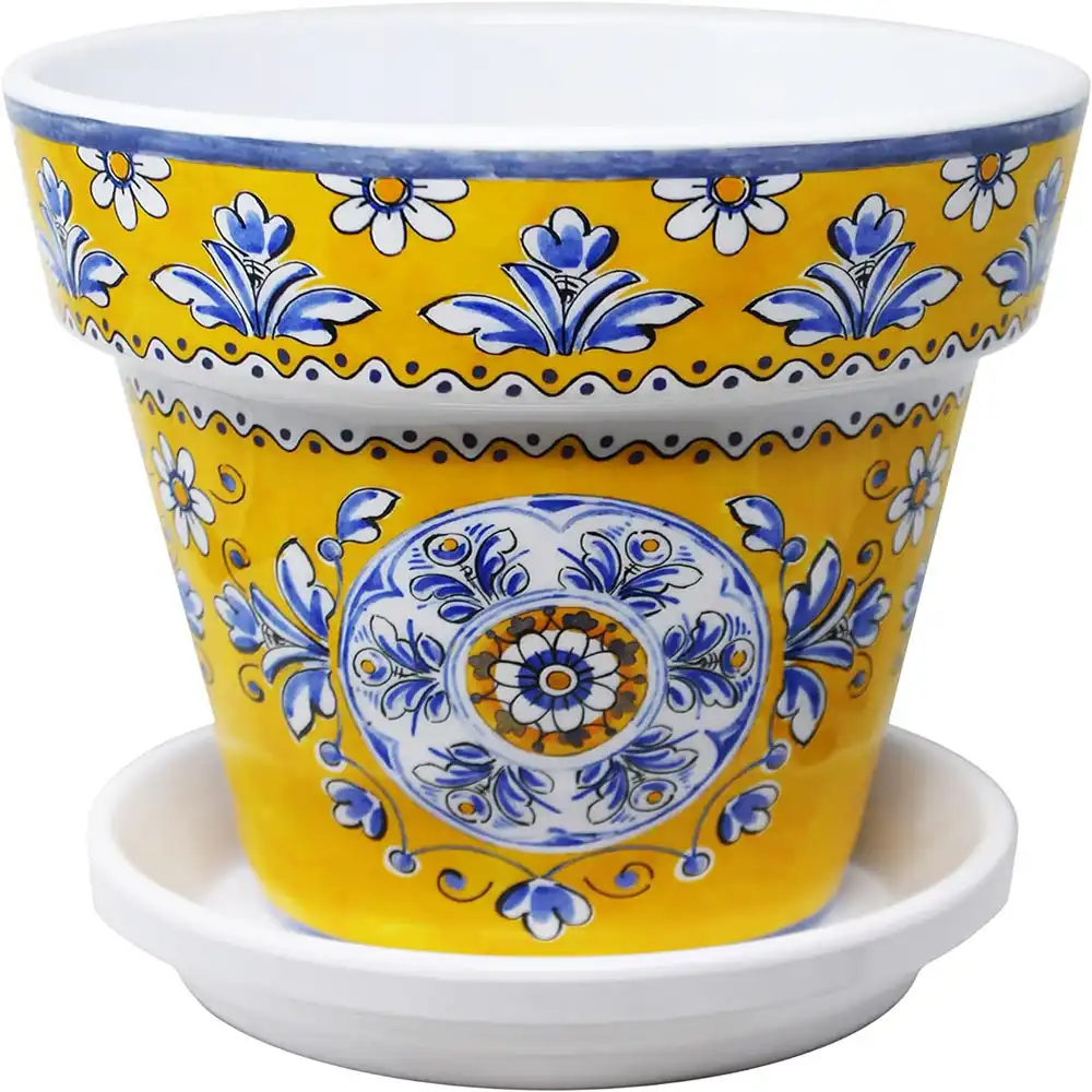 Multicolor Moroccan Flower Pot with Drainage Hole and Saucer