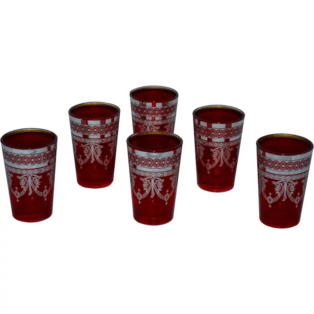 Set Of 6 Red Tea Serving & Glasses Moroccan Exquisite, Royal