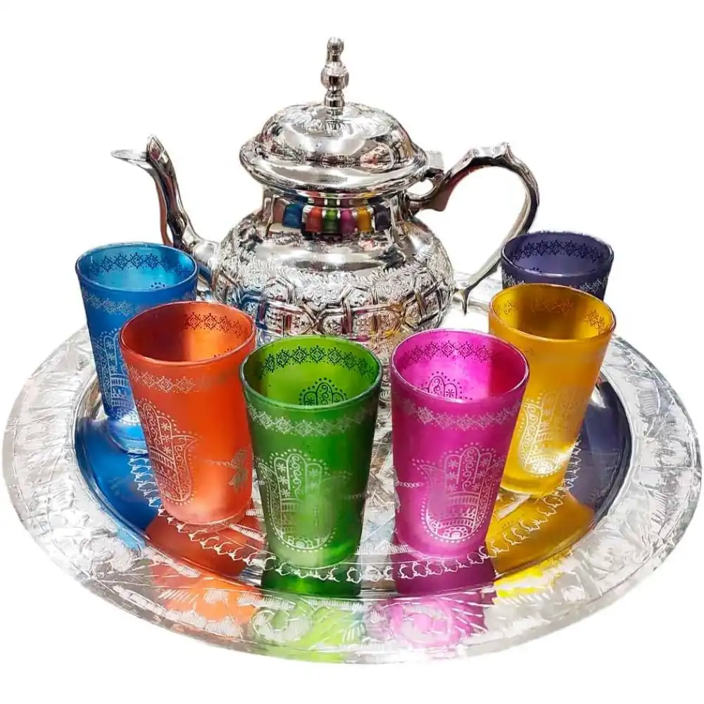 Complete Moroccan tea set: teapot & 6 colorful glass glasses