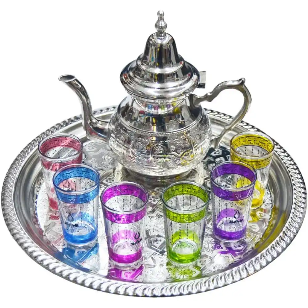 Moroccan Tea Set, Teapot, Tray, Coloured Glass Glasses.