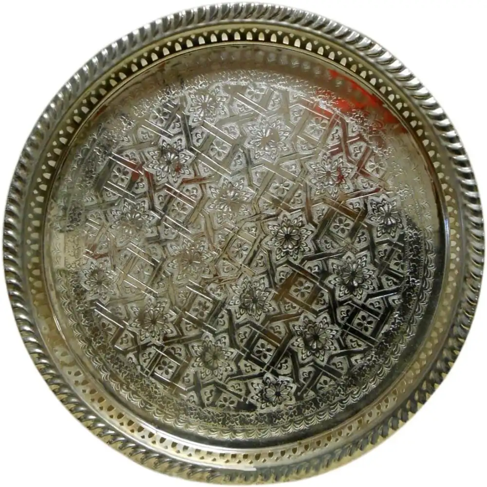 Large Round Moroccan Tray Serving Drinks Silver Handmade