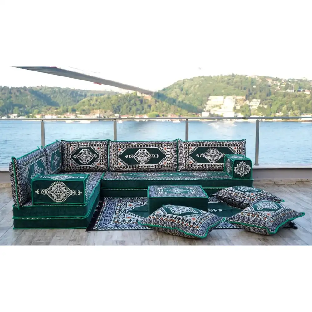 Green Moroccan L Shaped Floor Couch, Home Decor Cushion.