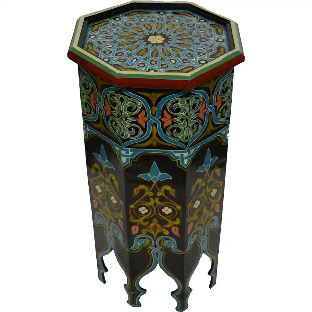 Green Moroccan Wood Side End Table, Handmade, Hand-Painted