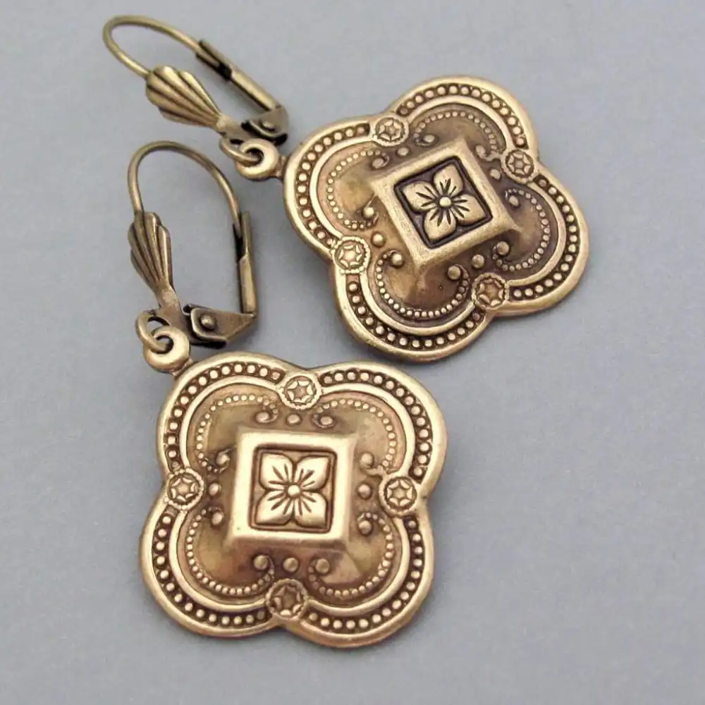 Bohemian Moroccan Earrings Ornate Boho Antiqued Gold-tone
