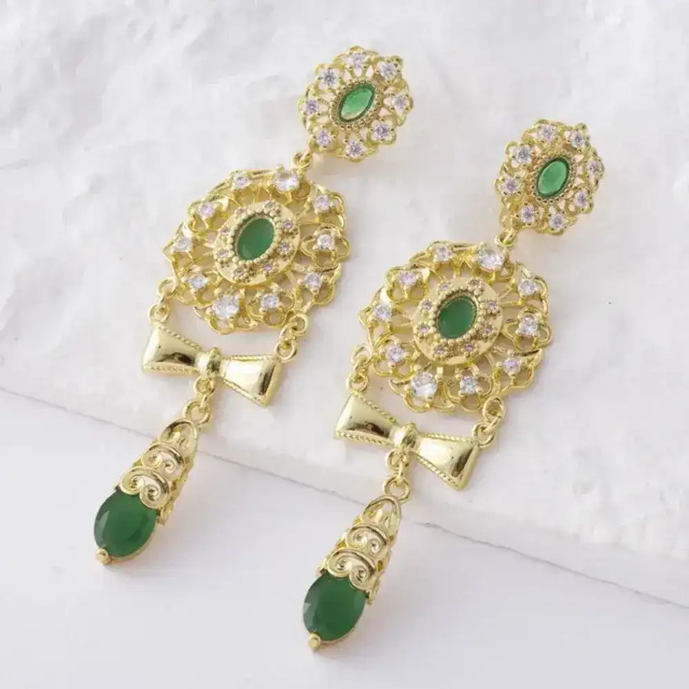 Moroccan Earrings - 14k Gold Plated with Emerald Zirconia - Image 2