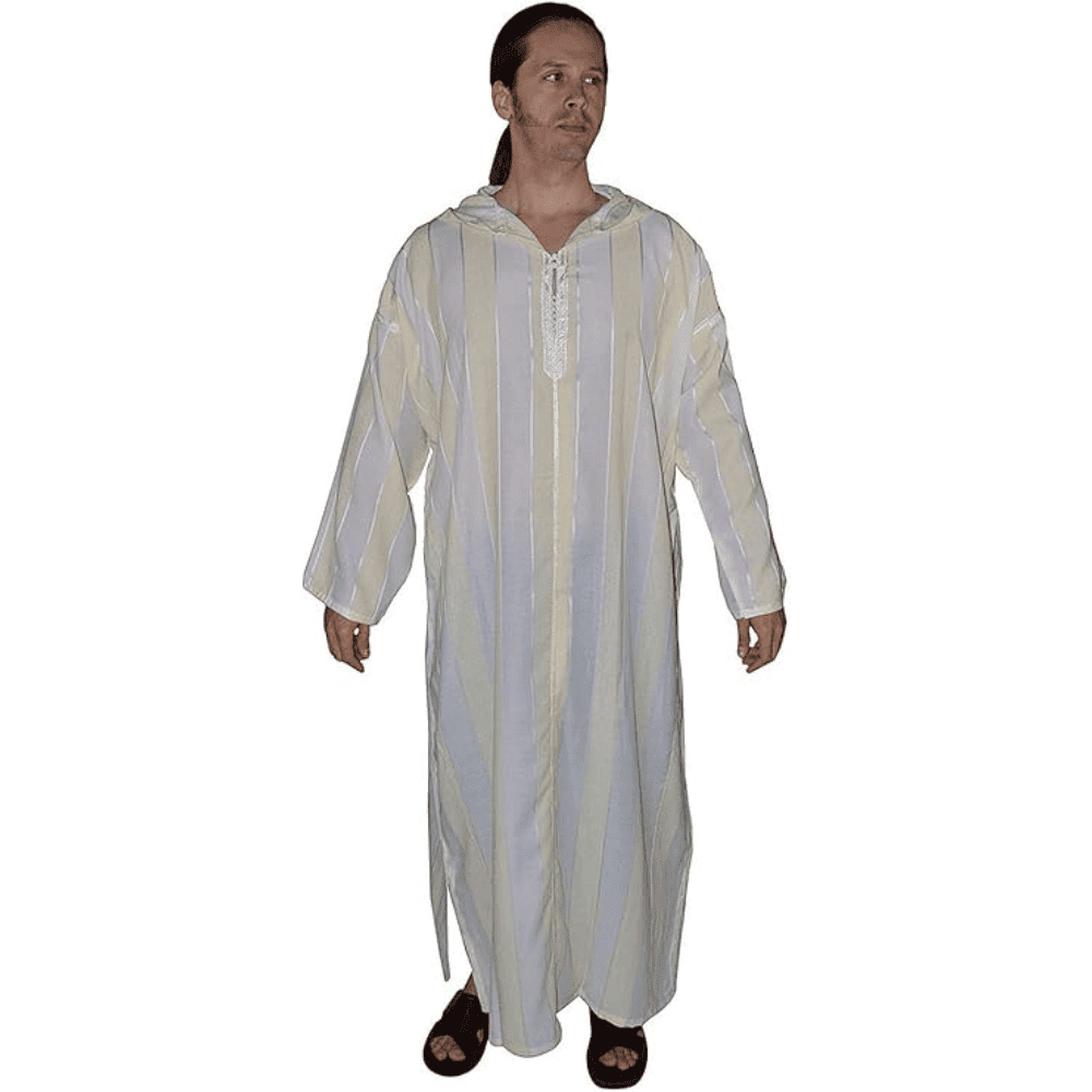 Handmade Moroccan Djellaba - Elegant White with Gold Stripes