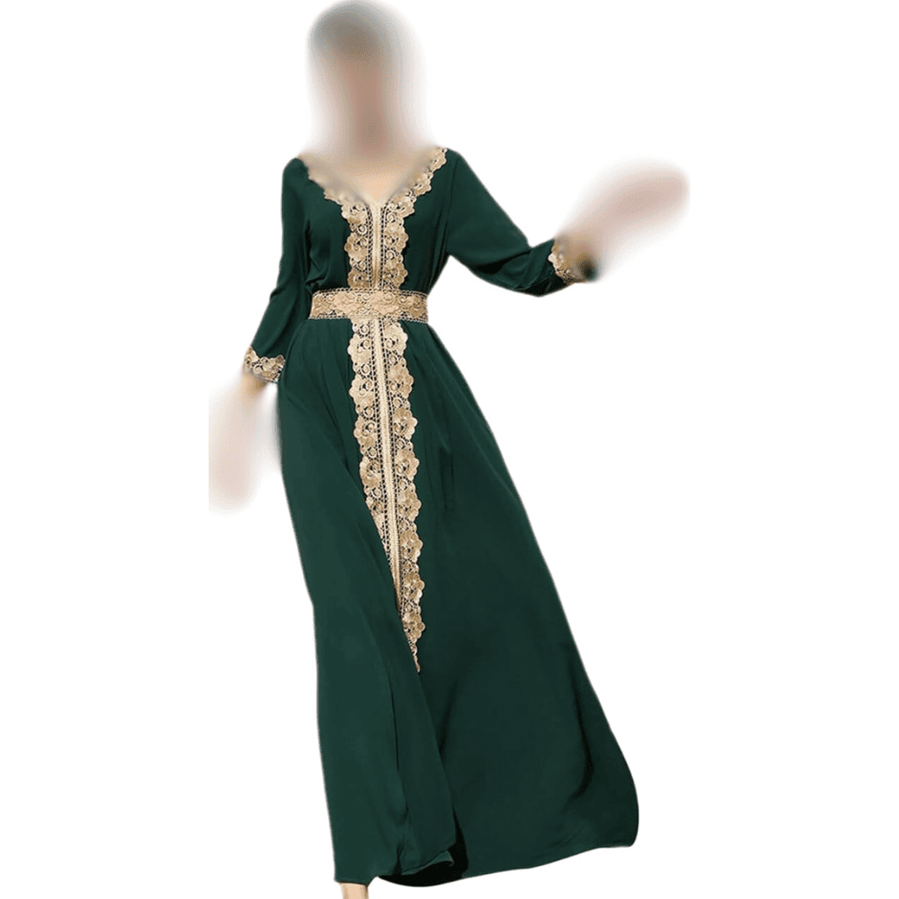 Elegant Moroccan Kaftan Abaya with Golden Lace for Women