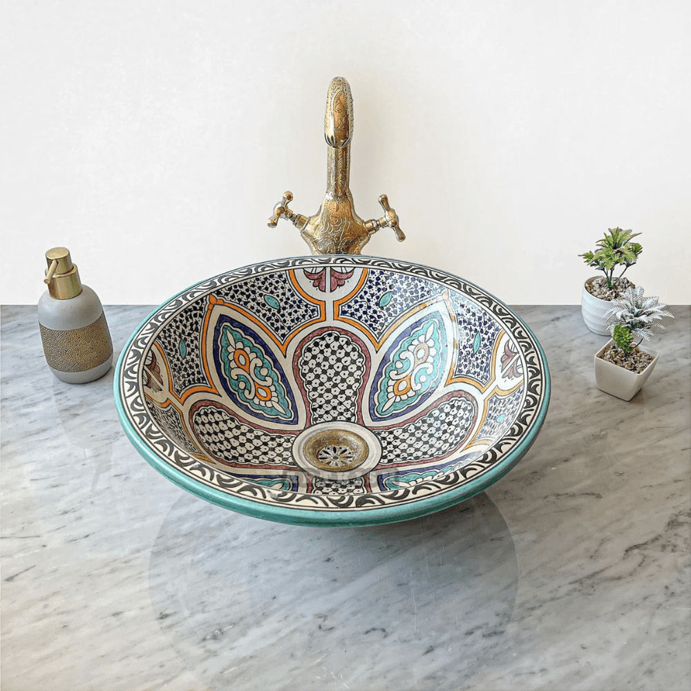 Handmade Moroccan Ceramic Bathroom Sink – with Brass Drain