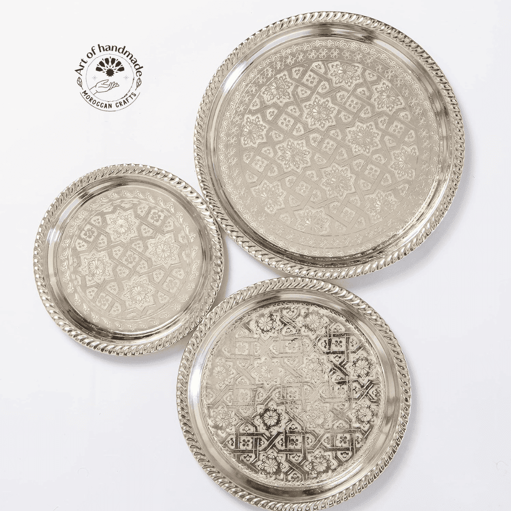 Handmade Moroccan Tea Tray Round Alpaca Silver Serving Tray