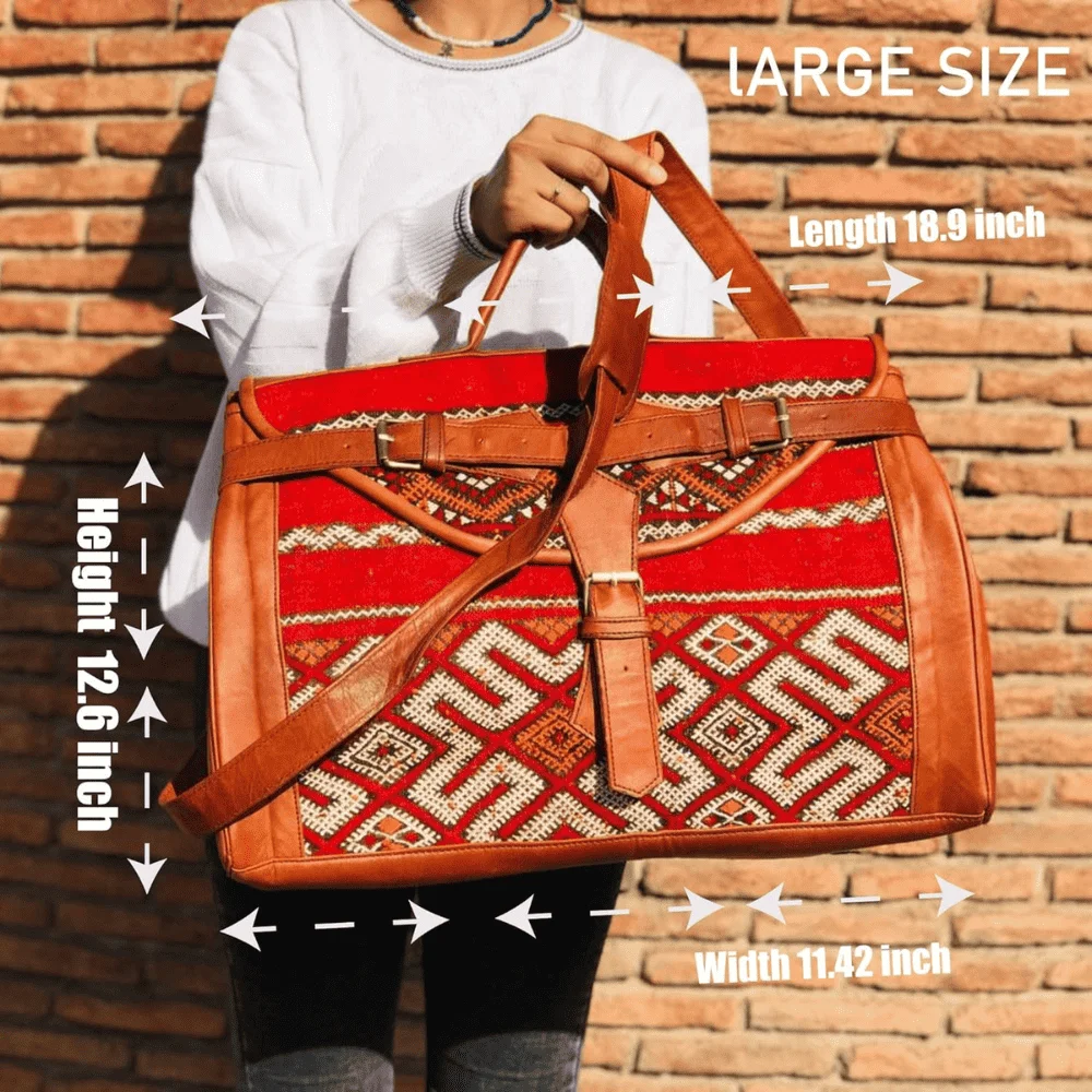 Kilim Carpet Travel Bag – Genuine Leather Moroccan Weekender